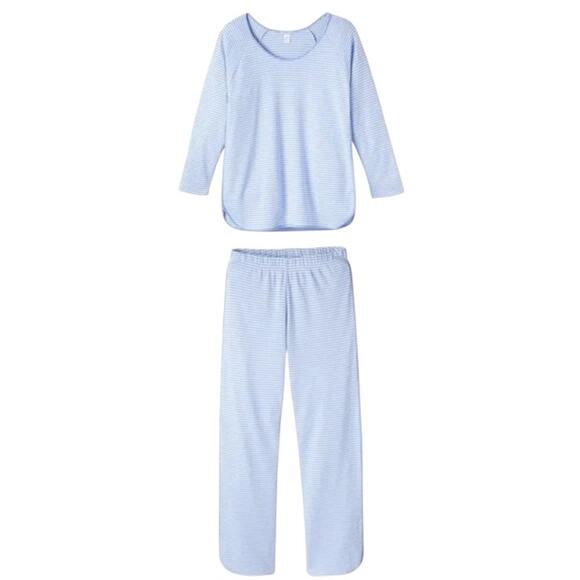 LAKE Blue Hydrangea Striped Pima Cotton Long-Long Pajama PJ Set - Picture 3 of 12